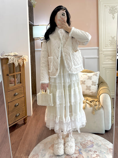 Ruellia Fall Fairy White Lace Mesh Long Sleeve Ruffled Layared Cake Dress