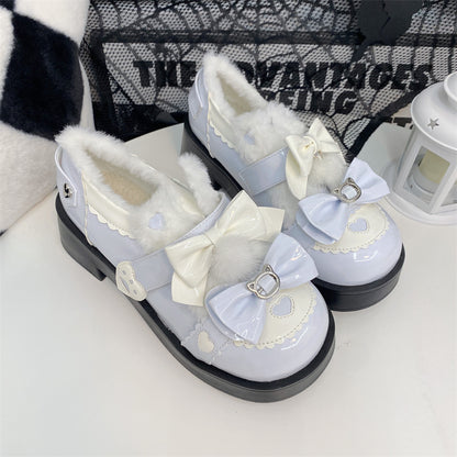 Winter Plush Lolita Bow Cat White Pink Blue Black Shoes