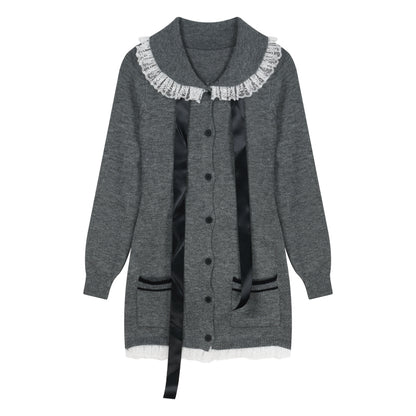 Lazy Girl Autumn Lace Collar Gray Black Knit Dress