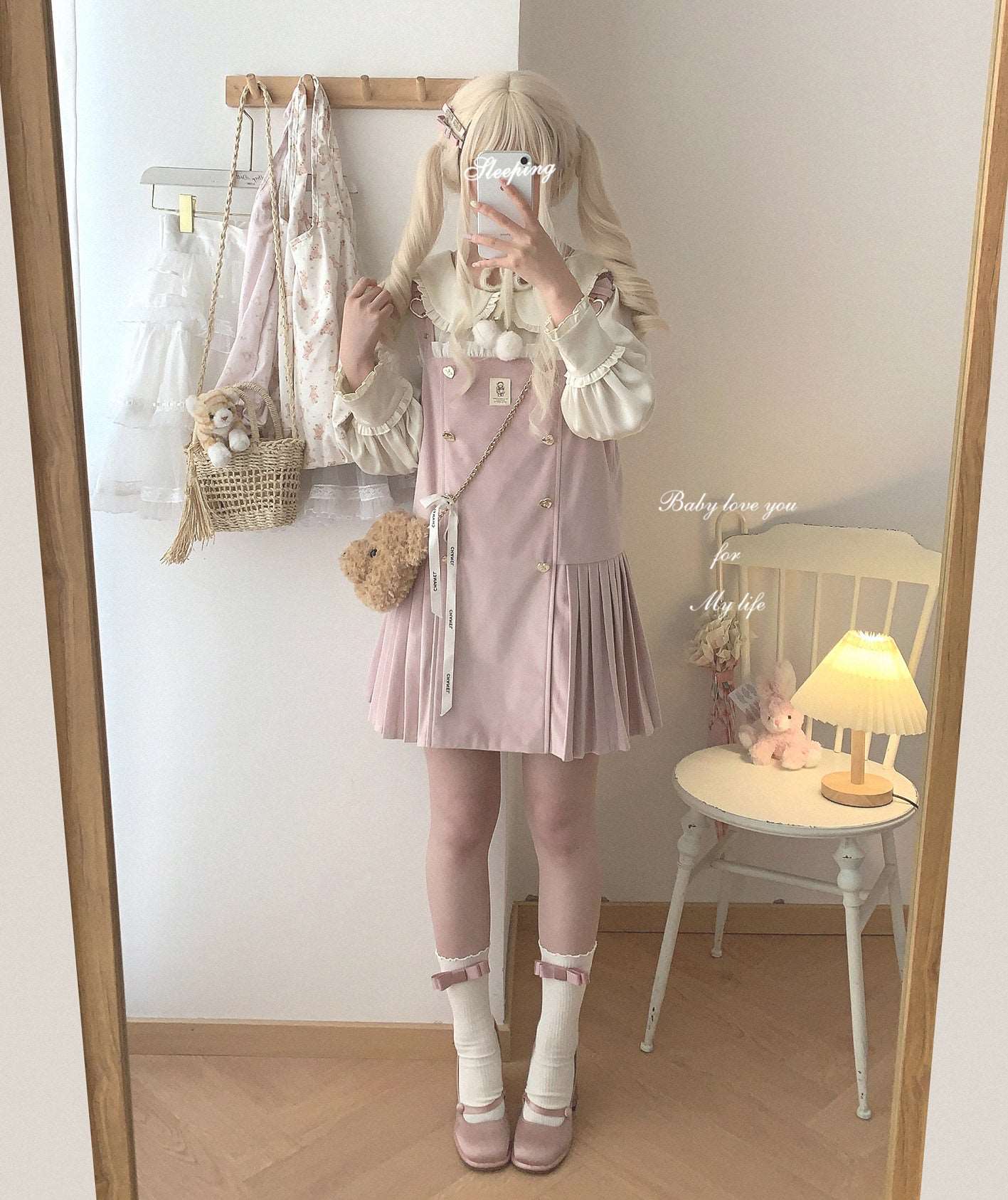 Bear Souffle Sweet Pompom Balls Shirt Blouse & Purple Beige Strap Dress & Skirt Three Piece Set