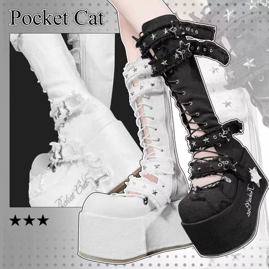 Pocket Cat Star Mark Black & White Chucky Knee High Boots