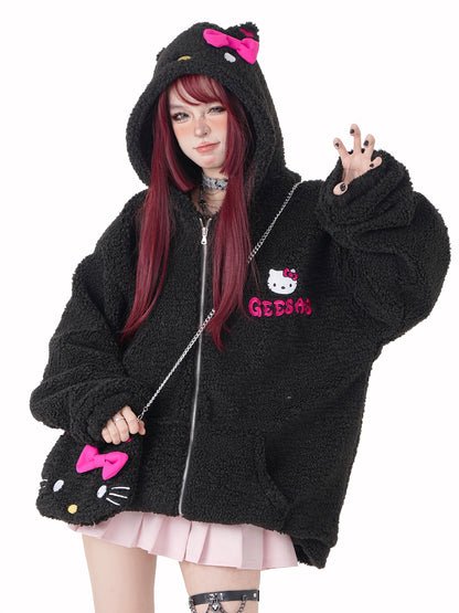 Young Eyes Cute Kitty Cat Pink Black White Y2K Plush Oversize Hoodie Jacket