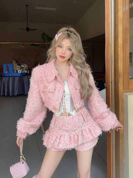 Monet Autumn Pastel Rose Pink Princess Tweed Jacket & Mini Skirt Two Piece Set