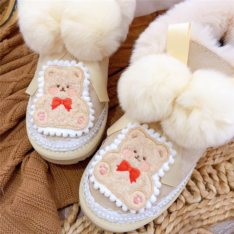 Pinky Lace Coquette Bear Plush Winter Snow Cream Short Boots Shoes