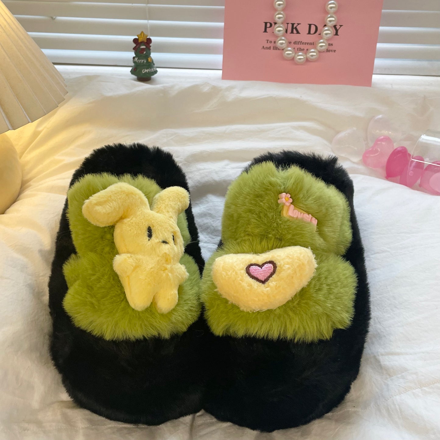 Rabbit Heart Love Decorative Plush Fluff Slippers Shoes