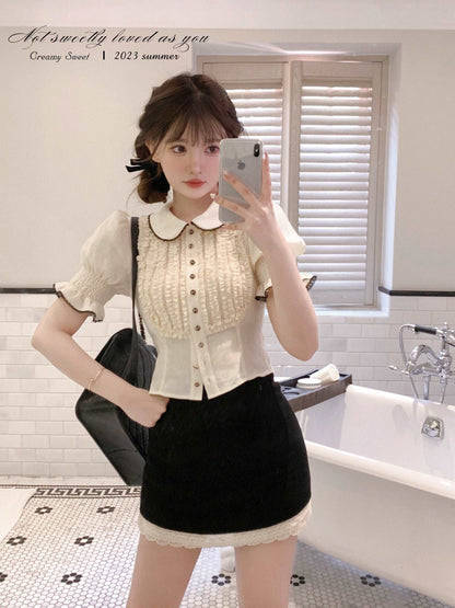 Creamy Sweet Doll Collar Lace Beige Blouse Shirt Black Mini Skirt Two Piece Set