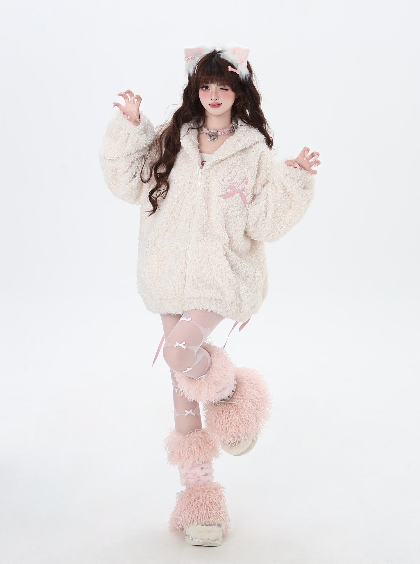 Crazy Girl Patchwork Bunny Pink White Rabbit Ears Jacket Hoodie