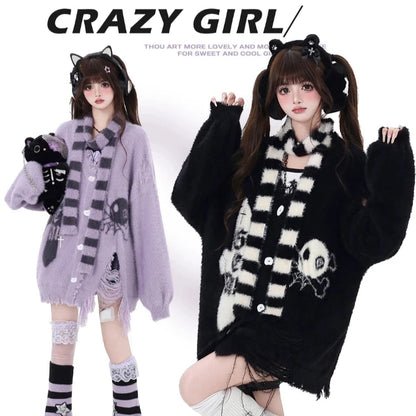 Crazy Girl Doomsday Purple Black Gray Fuzzy Sweater & Striped Scarf Set