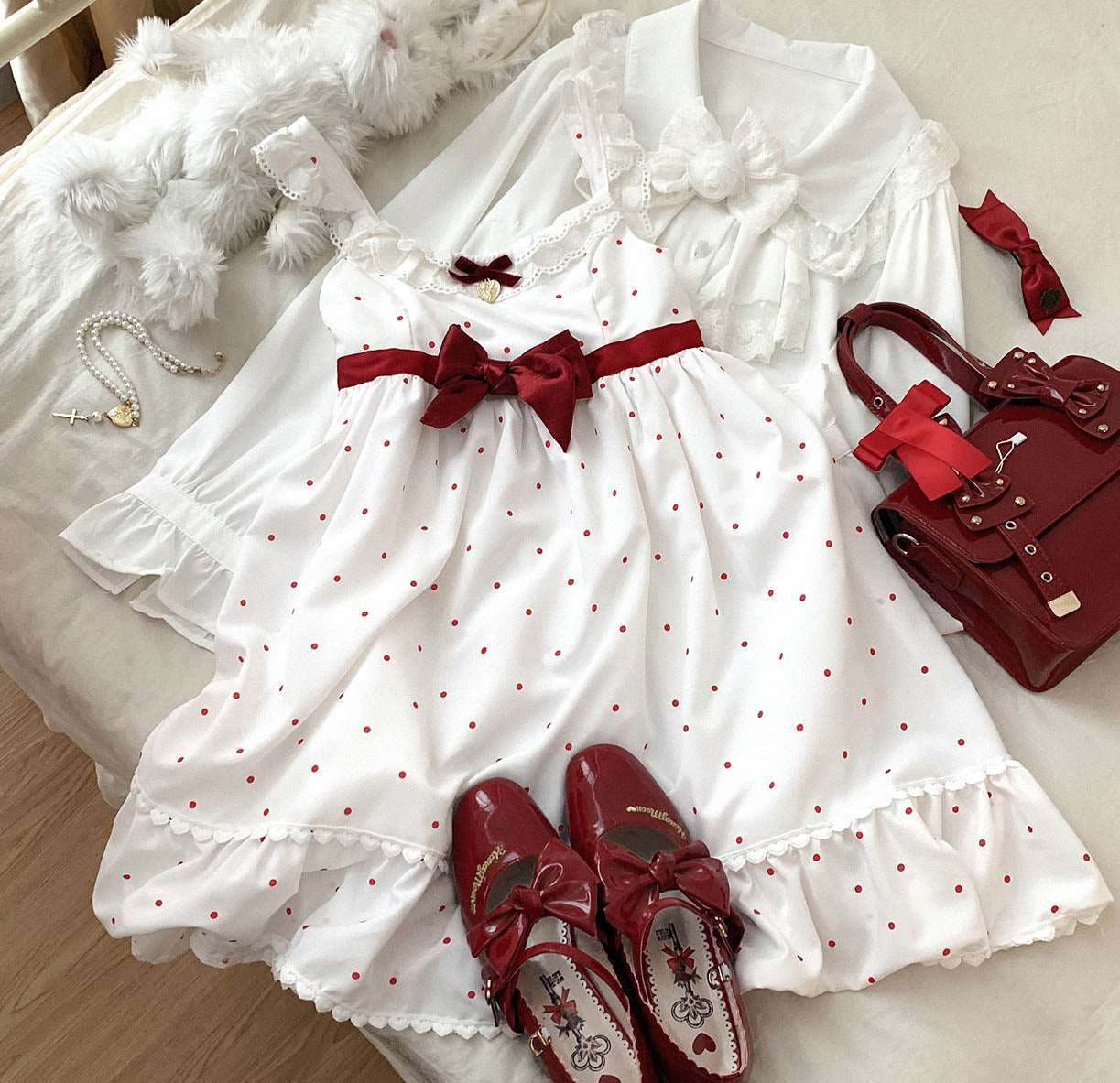 Dormir Doll Christmas Love Polka Dot White & Red Chiffon Strap Dress