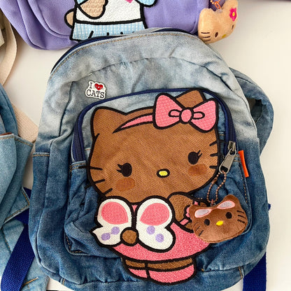 Y2K Black Brown Skin Kitty Denim Student Backpack Bag