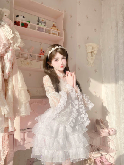 Candy Fairy Feather Fluttering White Angel Princess Ruffled Trumpet Sleeve Dress