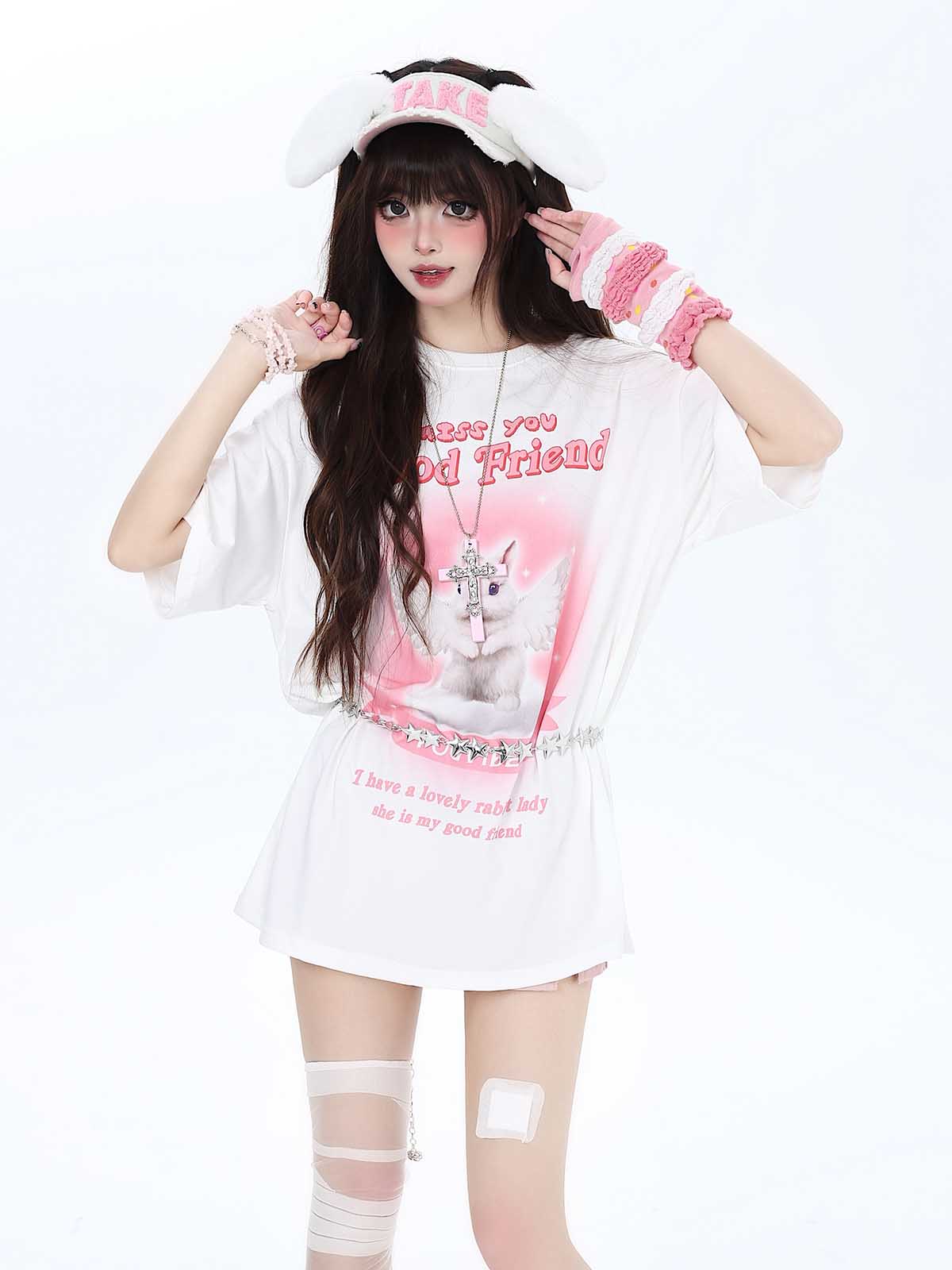 Crazy Girl Miss You Good Friend Angel Rabbit White Black T Shirt Top