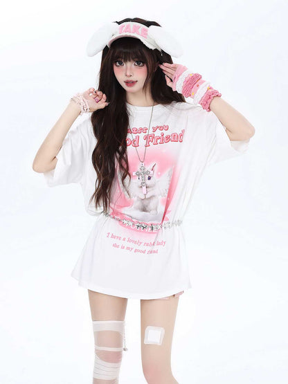 Crazy Girl Miss You Good Friend Angel Rabbit White Black T Shirt Top