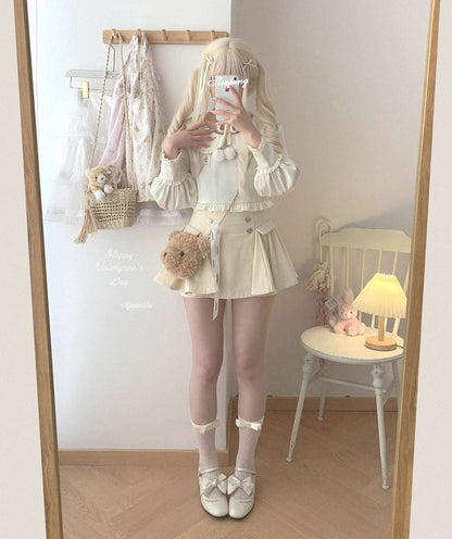 Bear Souffle Sweet Pompom Balls Shirt Blouse & Purple Beige Strap Dress & Skirt Three Piece Set