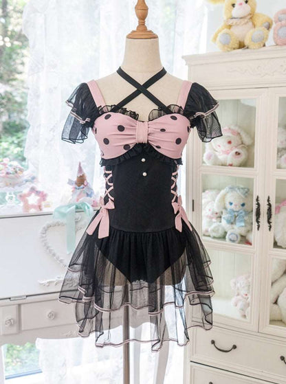 Black Pink Polka Dot Lolita Swimsuit