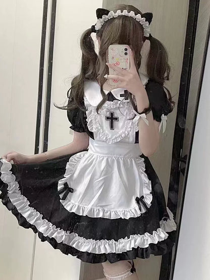 Cute Cross Nurse Maid Cosplay Black Blue Pink Dress Set