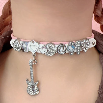 Diamond Heart Kitty Wings Guitar Y2K Hot Girl Choker Necklaces