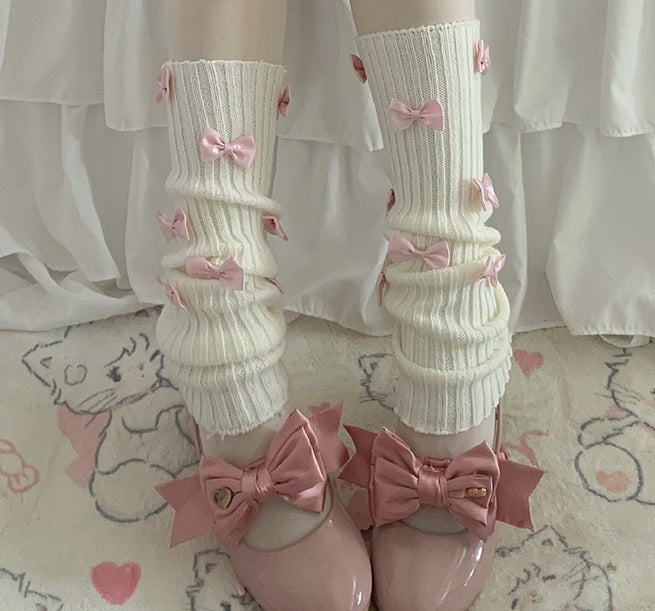 Sweet Lolita Coquette Bow Pink & White Knit Leg Warmers