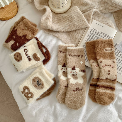 Cute Fuzzy Mink Velvet Winter Brown Biscuit Teddy Bear 5 Pairs Set