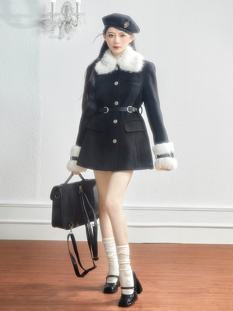 Monet Winter Love Song White Fur Collar Black Short Coat Dress