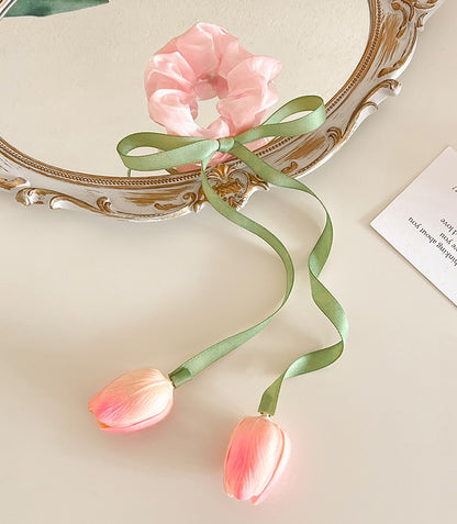 Sweet Tulip Flower Pink Beige Hair Tie Hair Accessories