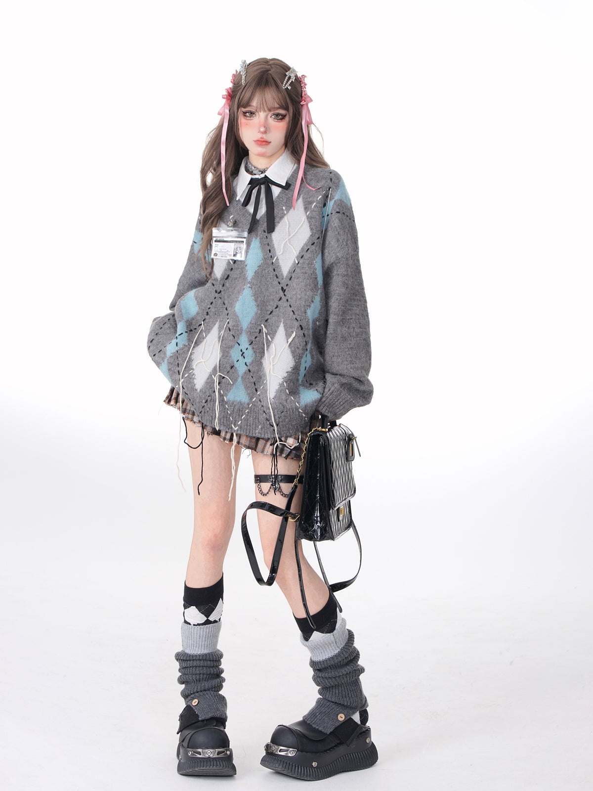 Young Eyes Autumn Winter Argyle Pink Brown Fuzzy Sweater