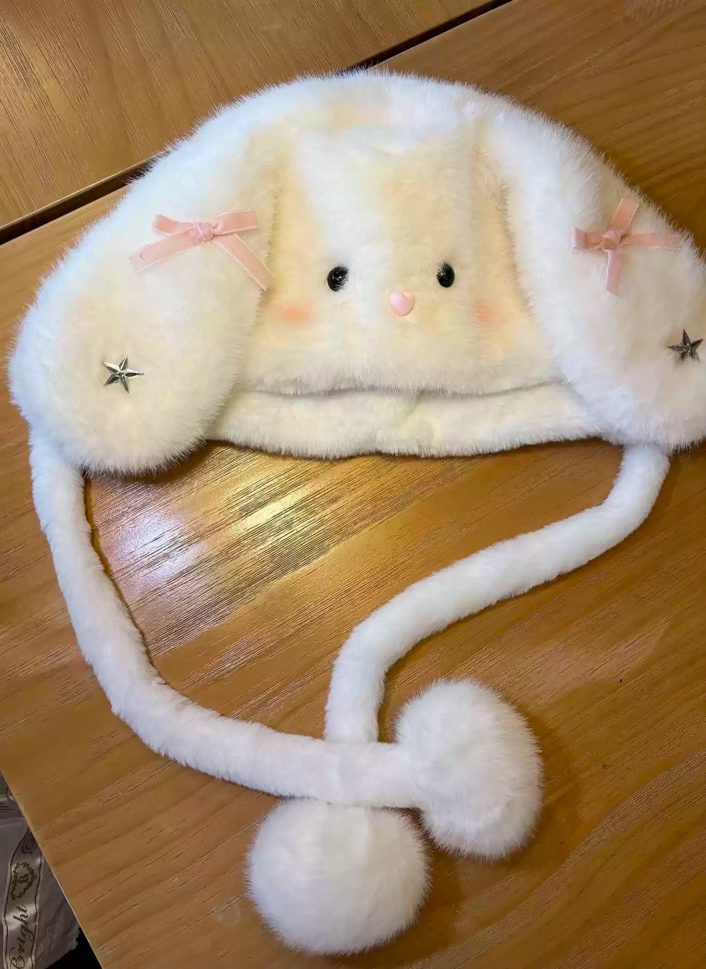 Peach Bubble White Rabbit Plush Hat Scarf Gloves Bag Set