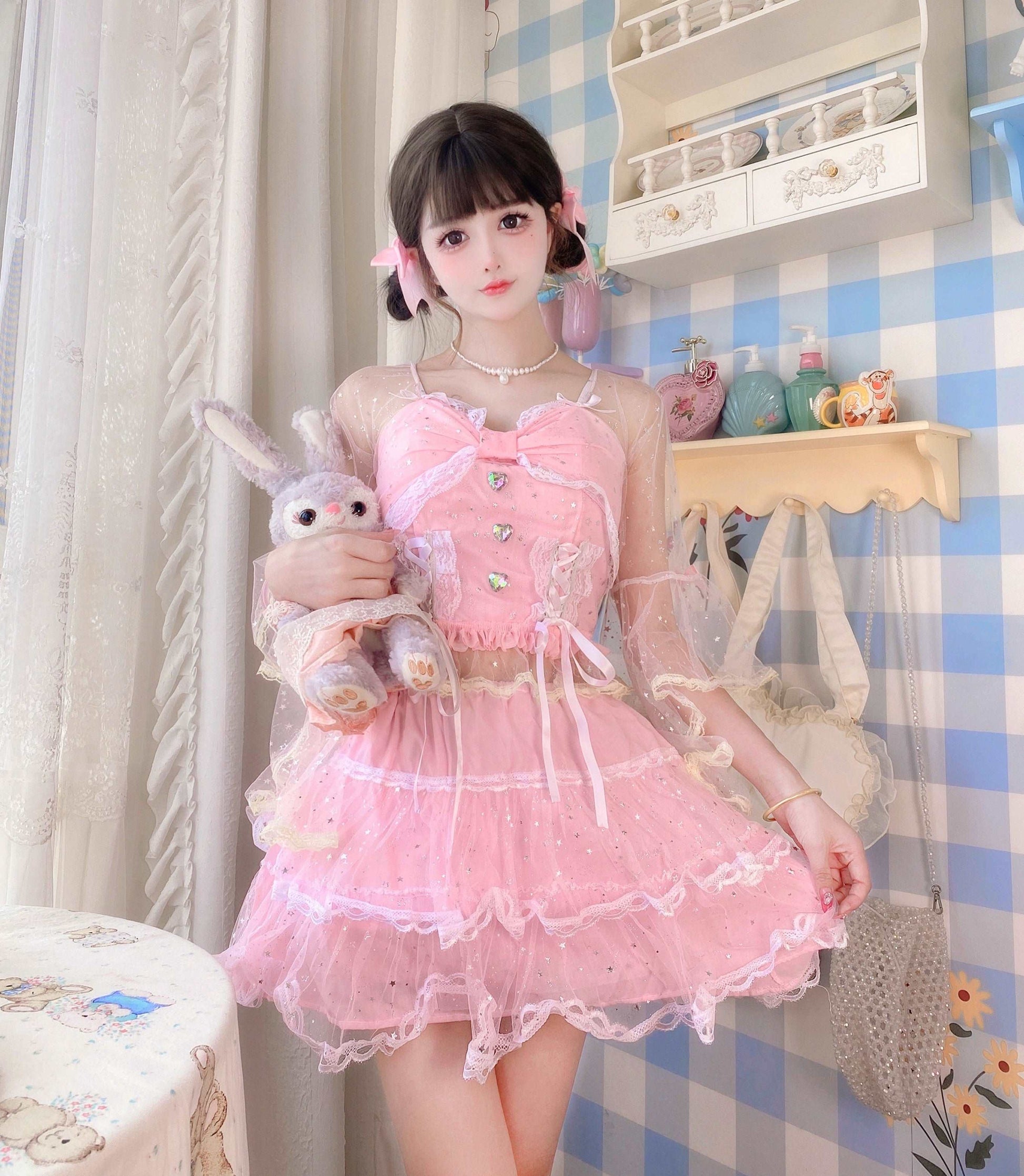 Candy Fairy Pink Stardust Lace Bow Camisole Top & Cake Ruffled Skirt Two Piece Set