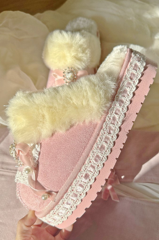 Pinky Winter Cute Sweet Princess White Pink Fur Slippers Shoes