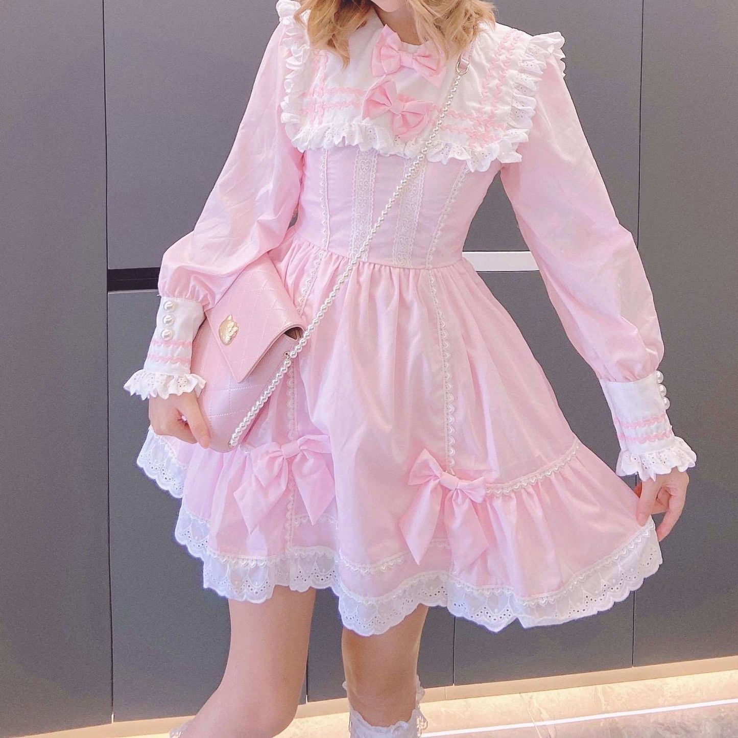 Candy Fairy Pink Bow Coquette Princess Ruffled Dress