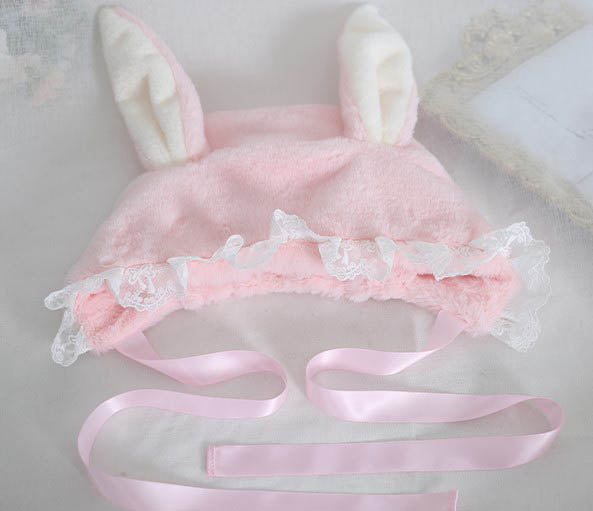 Sweet Rabbit Ear Pink & White Lace Lolita Handmade Fur Hats