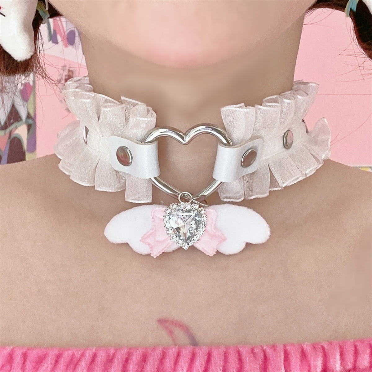 EGL Heart Bow Angel Devil Wings Lace Choker Necklace