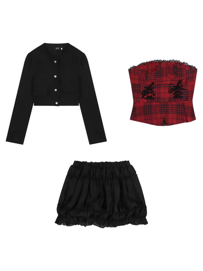 Creamy Sweet Chic Holiday Plaid Red Tube Top & Black Tutu Skirt & Jacket Three Piece Set