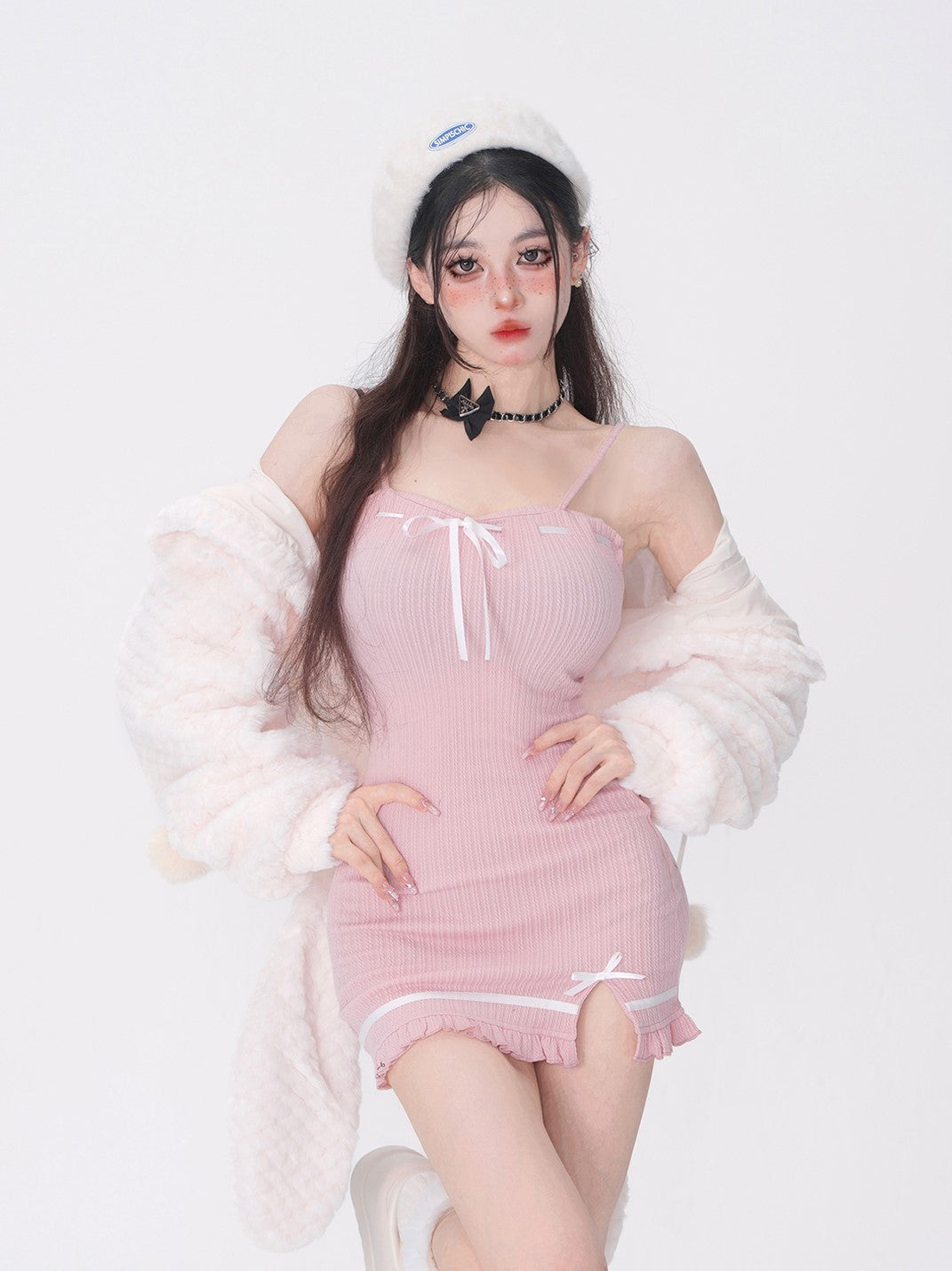 Young Eyes Winter White Plush Rabbit Ears Jacket & Pink Strap Dress Two Piece Set