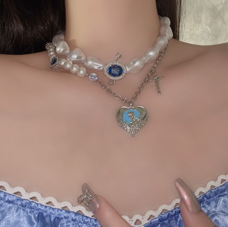 Blue Rhinestone Pearl Silver Heart Necklace Pendant