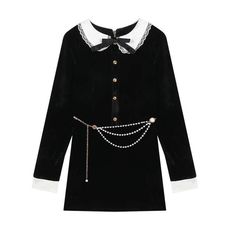 Doll Lace Collar Bow Fall Winter Chic Waist Chain Black Dress