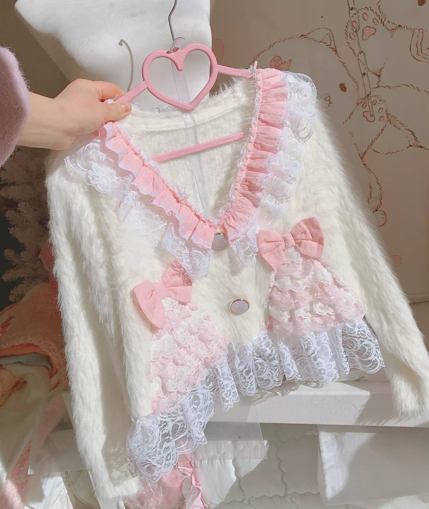 Candy Fairy Spring Lady Lace Knit White Pink Cardigan