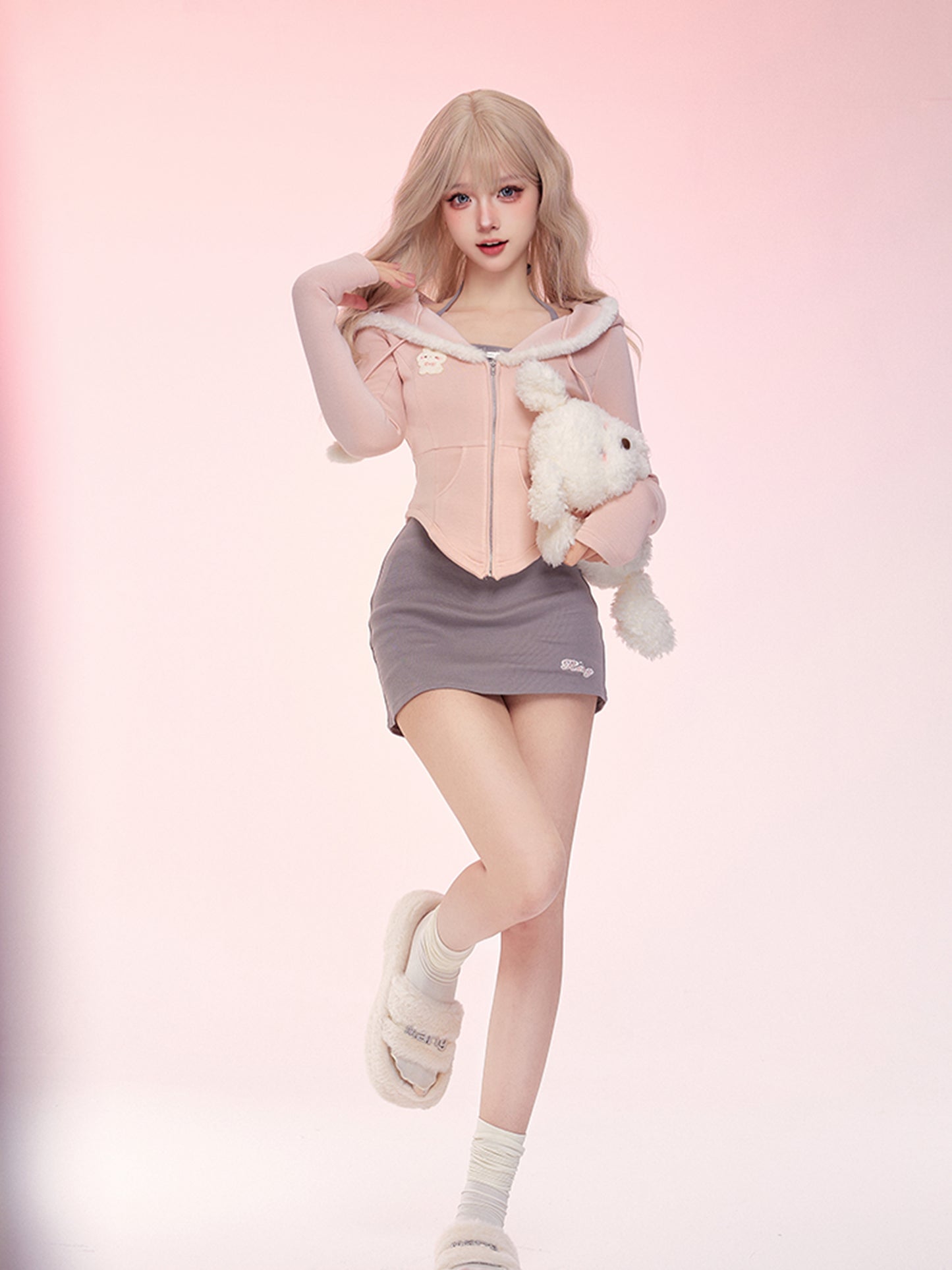 Serendipity Plush Edge Pink Hooded Jacket & Gray Halter Neck Tank Top & Mini Skirt Three Piece Set