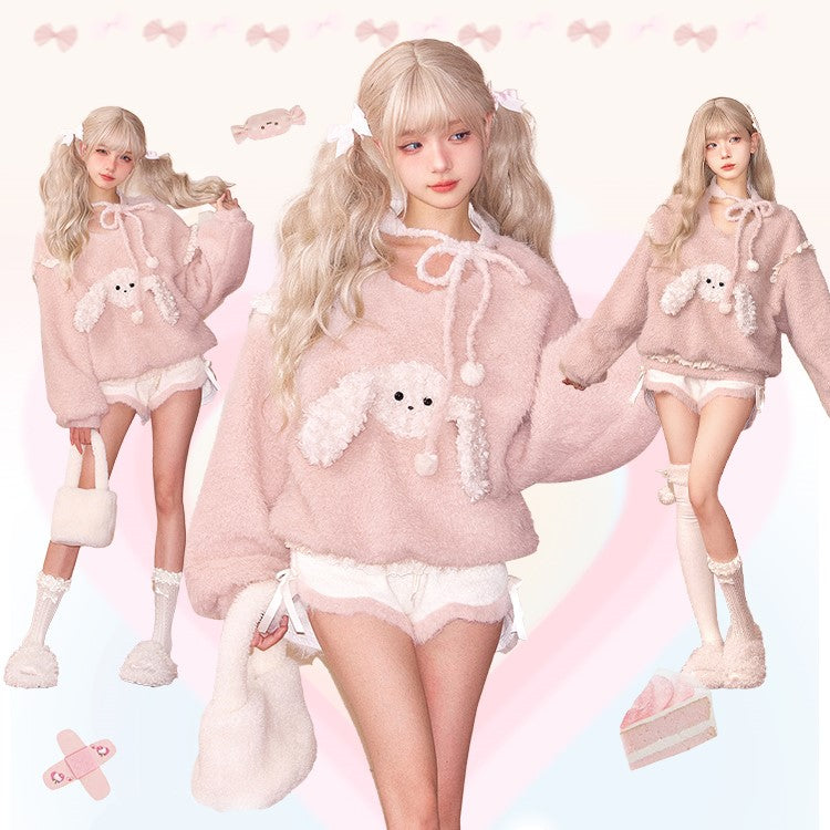 Serendipity Autumn Pink Cute Puppy Fuzzy Woolen Sweater Top & Shorts Two Piece Set