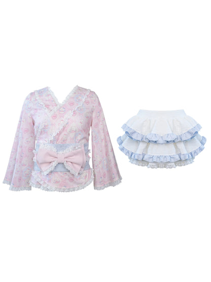 Serendipity Showa Story Pink Kimono Top & Skirt Two Piece Set