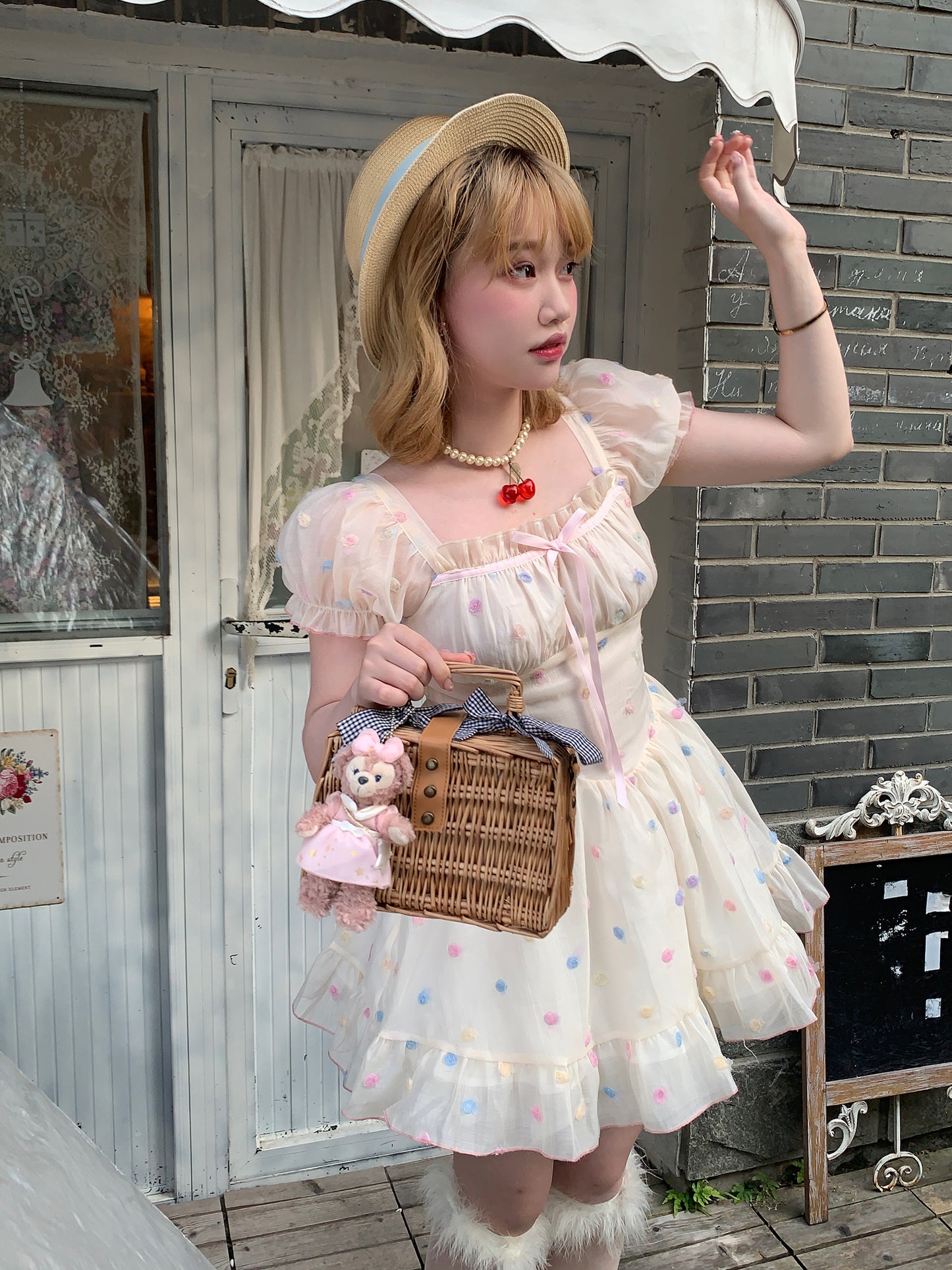 Picnic Girl Coquette Summer Cream Cotton Candy Puff Sleeve Dress