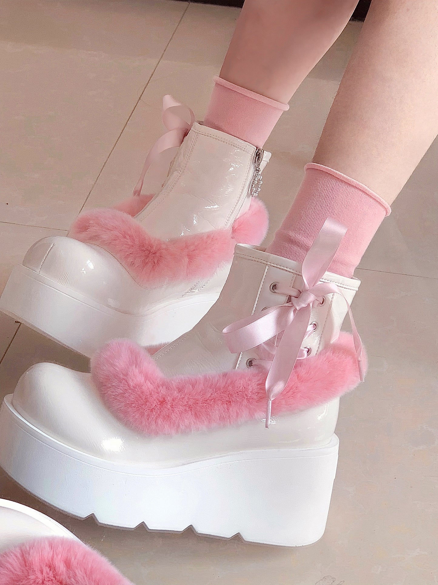 Stars Crown Lolita Winter Fur Pink White Black Platform Boots