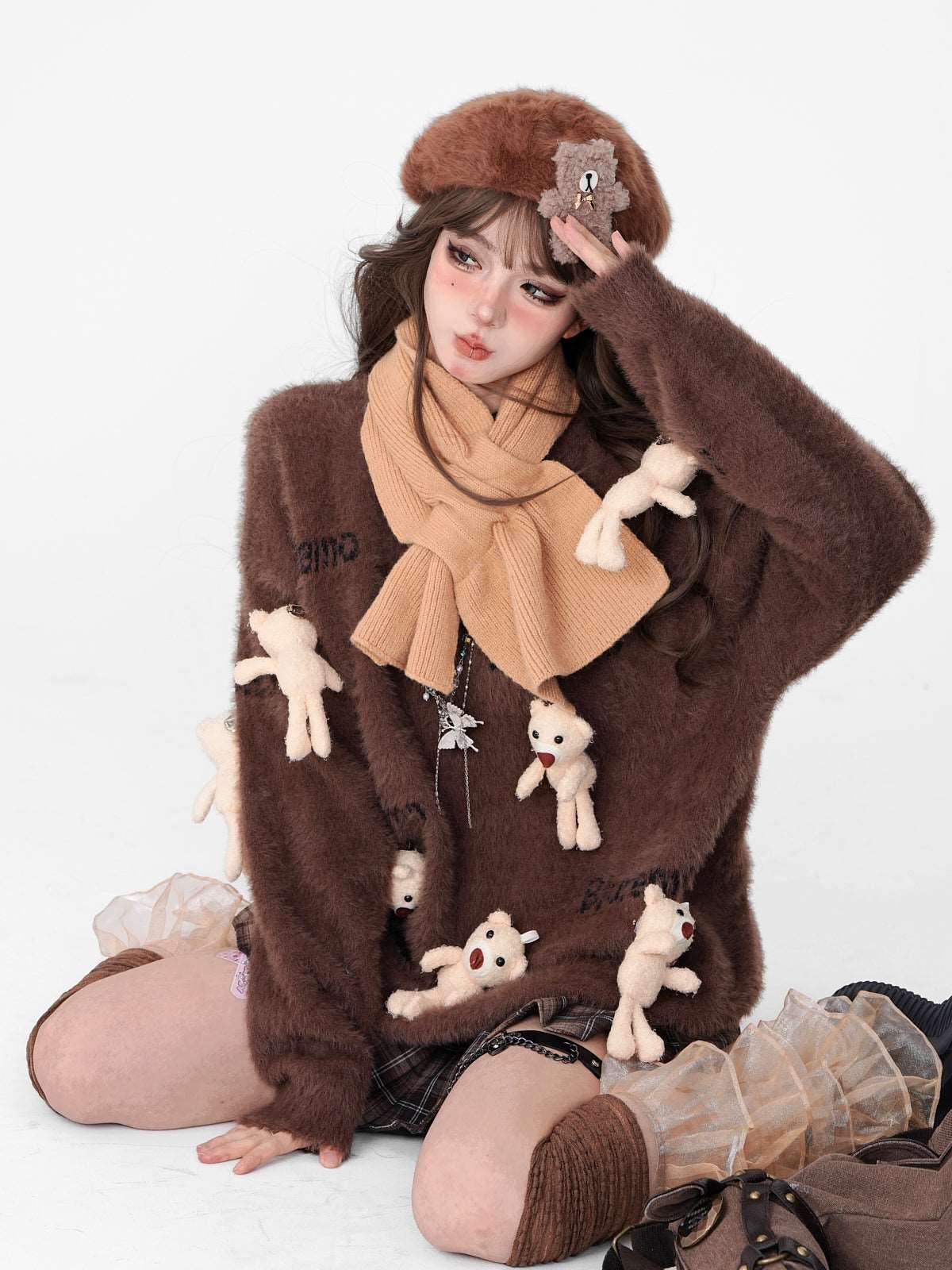 3D Bear Plush Doll Brown Autumn Winter Fuzzy Sweater