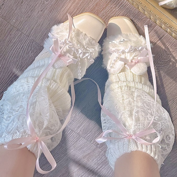 Pinky Rabbit Ears Plush Pearl Knit Coquette Winter Heels Boots Shoes & Lace Balletcore Leg Warmers