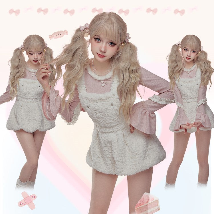 Serendipity Winter Peach Pink Sweater Top & Fur Plush White Suspender Dress Two Piece Set