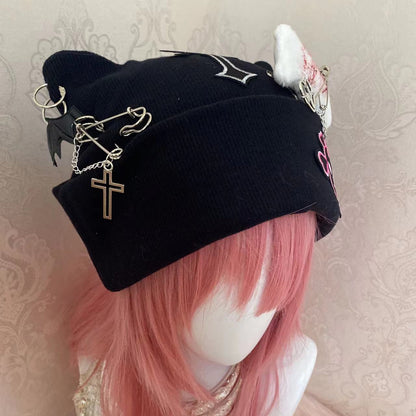 Y2K Goth Punk Handmade Knit Cross Skull Star Bone Cat Ears Winter Hats Beanie