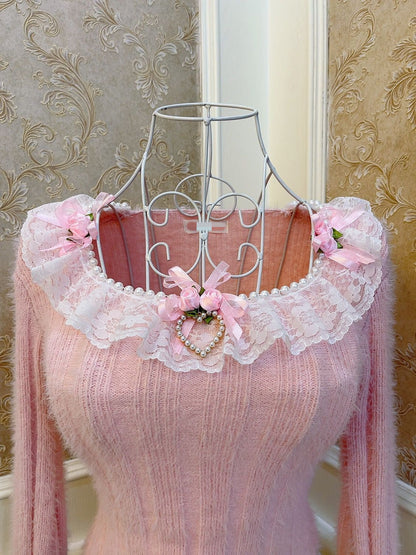 Sweetheart Princess Rose Lace Pink Knit Sweater & Mini Skirt Two Piece Set