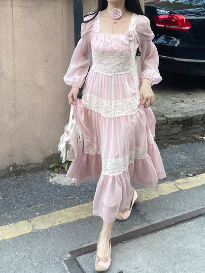 Ruellia Rose Fairy Pink Square Collar Long Sleeve Long Dress