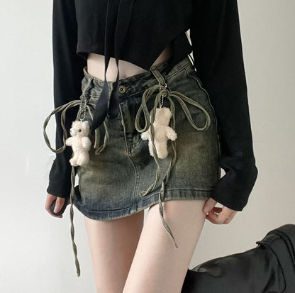 Teddy Bear Doll Grunge Y2K Dirty Wash Denim Short Skirt