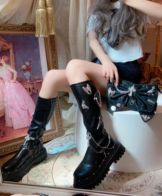 Pinky Tassel Chain Dark Academia Autumn Winter Round Toe Black Boots Shoes